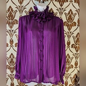 Vtg.80s LA BLOUSE Womens 14 Purple Long Sleeves Silky Stripes High Neck Ruffles